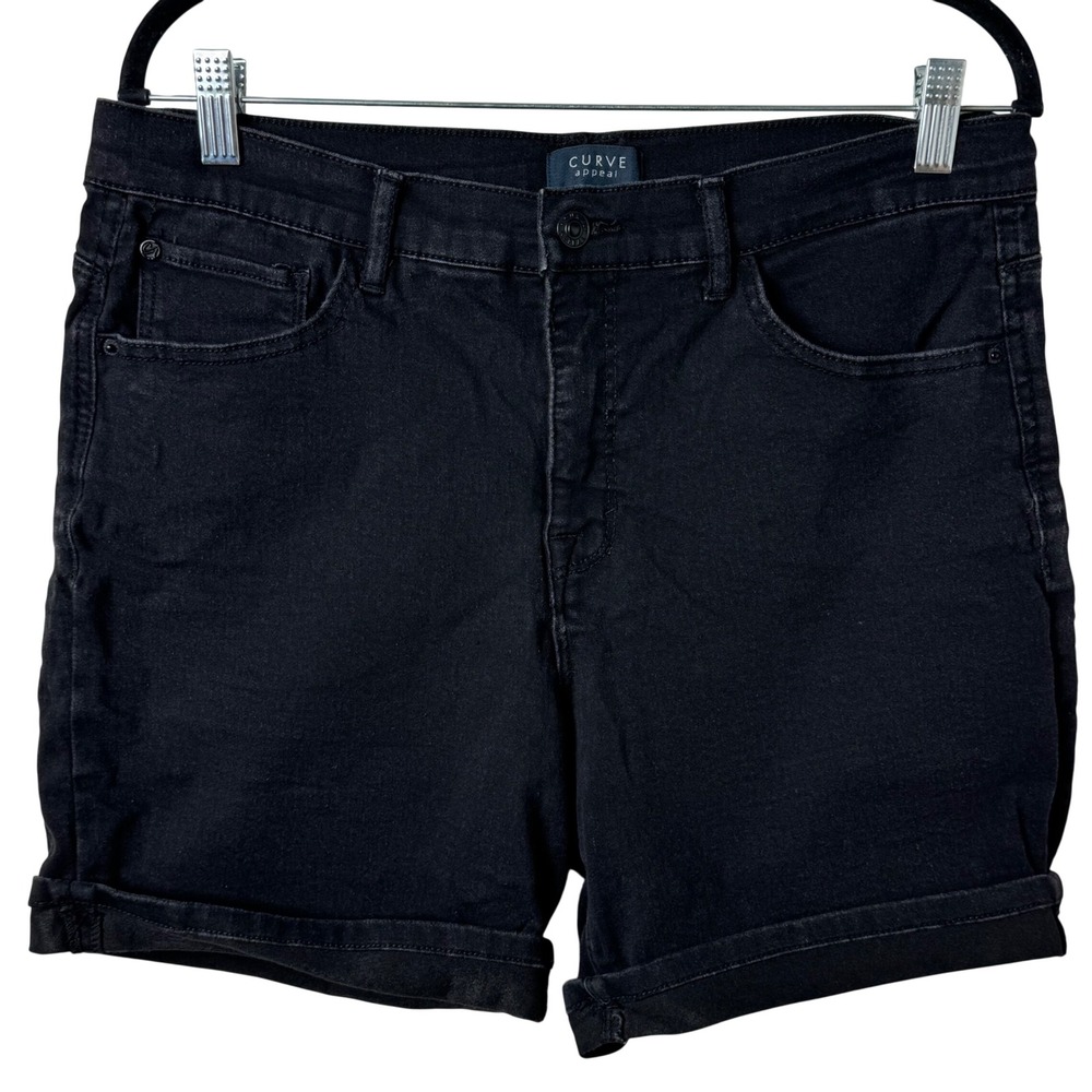Curve Appeal Jean Shorts Womens 14 Black Cuffed Stretch Denim Mid Rise